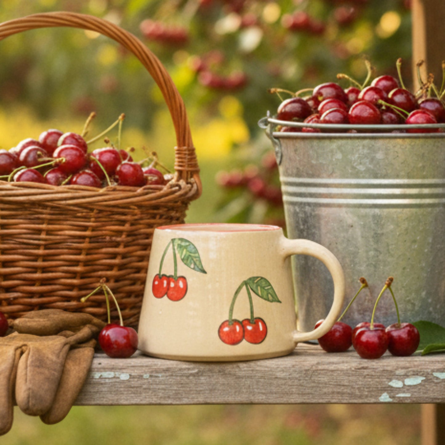 Beige mug with cherry design on a ladder step