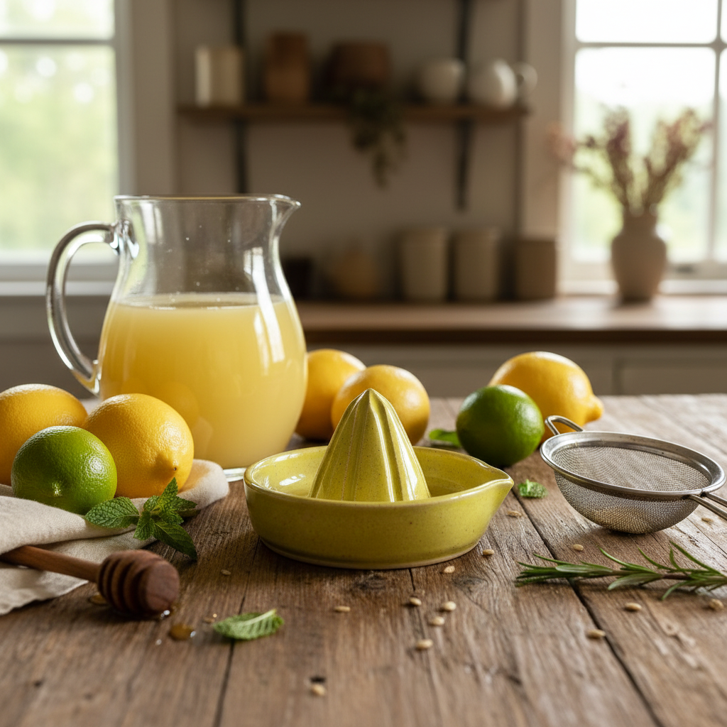 Juicer with lemons, limes, and a pitcher of juice on a wooden table in a kitchen.