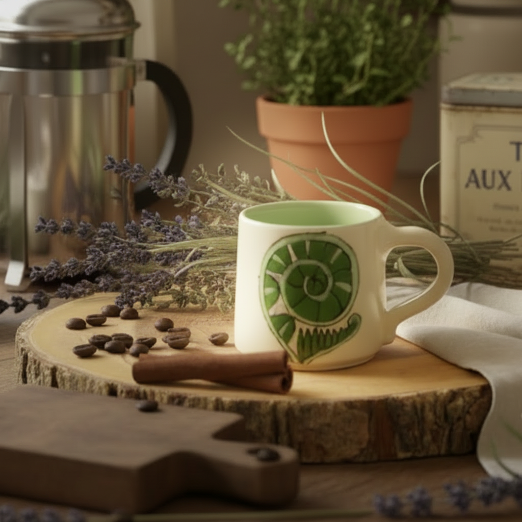 Mug with green design on a wooden surface with coffee beans, lavender, and a plant in the background.