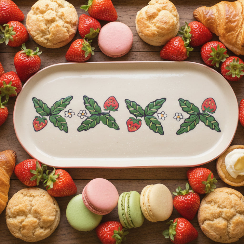 An oval ceramic serving tray with a beige center, decorated with a row of green leaves, red strawberries, and small white flowers, finished with a pinkish-orange rim.