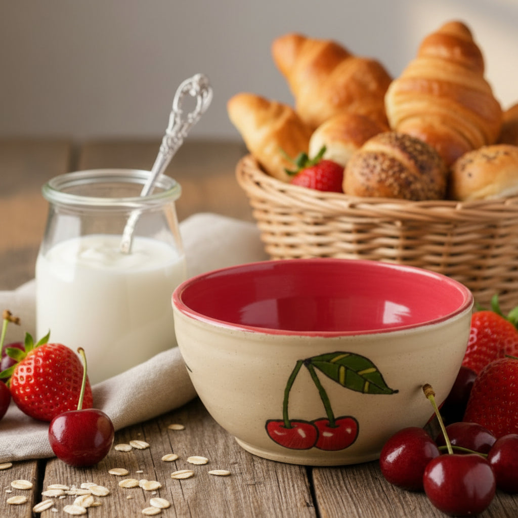 Ceramic bowl with cherry design on a plain background