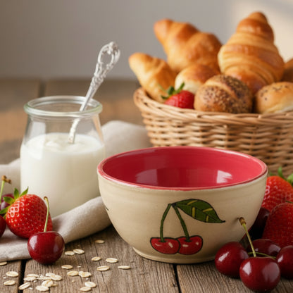 Ceramic bowl with cherry design on a plain background
