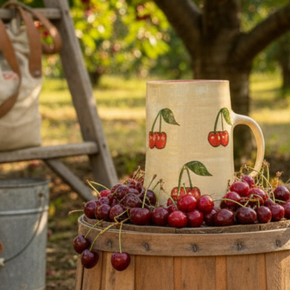 Beige ceramic mug with cherry design on a light surface