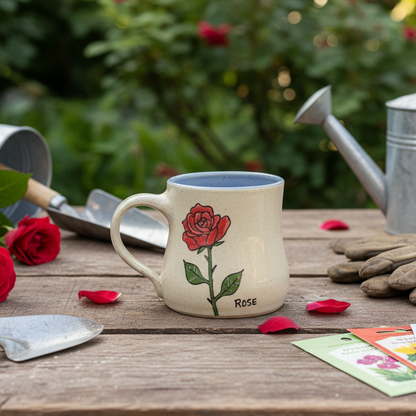 Mug with rose design on a garden table with gardening tools and plants.