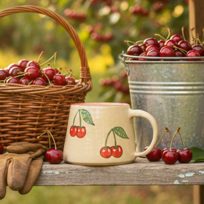 Beige mug with cherry design on a ladder step