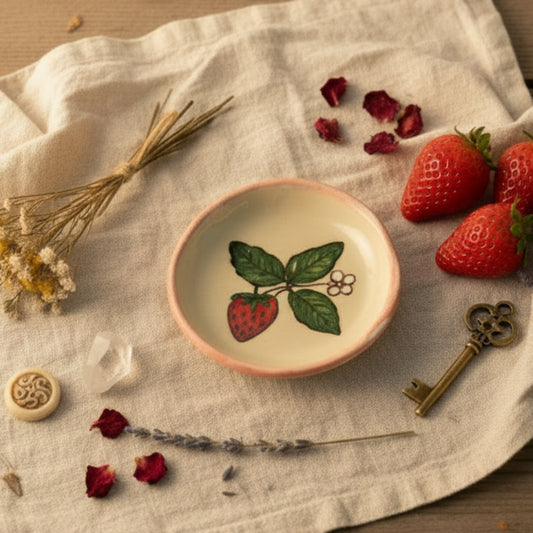 A small handmade ceramic trinket dish with a hand-painted design of a red strawberry, green leaves, and white berries on a light beige background, set against a wrinkled white backdrop.
