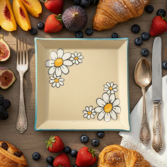 A square beige ceramic plate or tray with a hand-painted daisy pattern in the corners and a blue rim, shown on a white background.