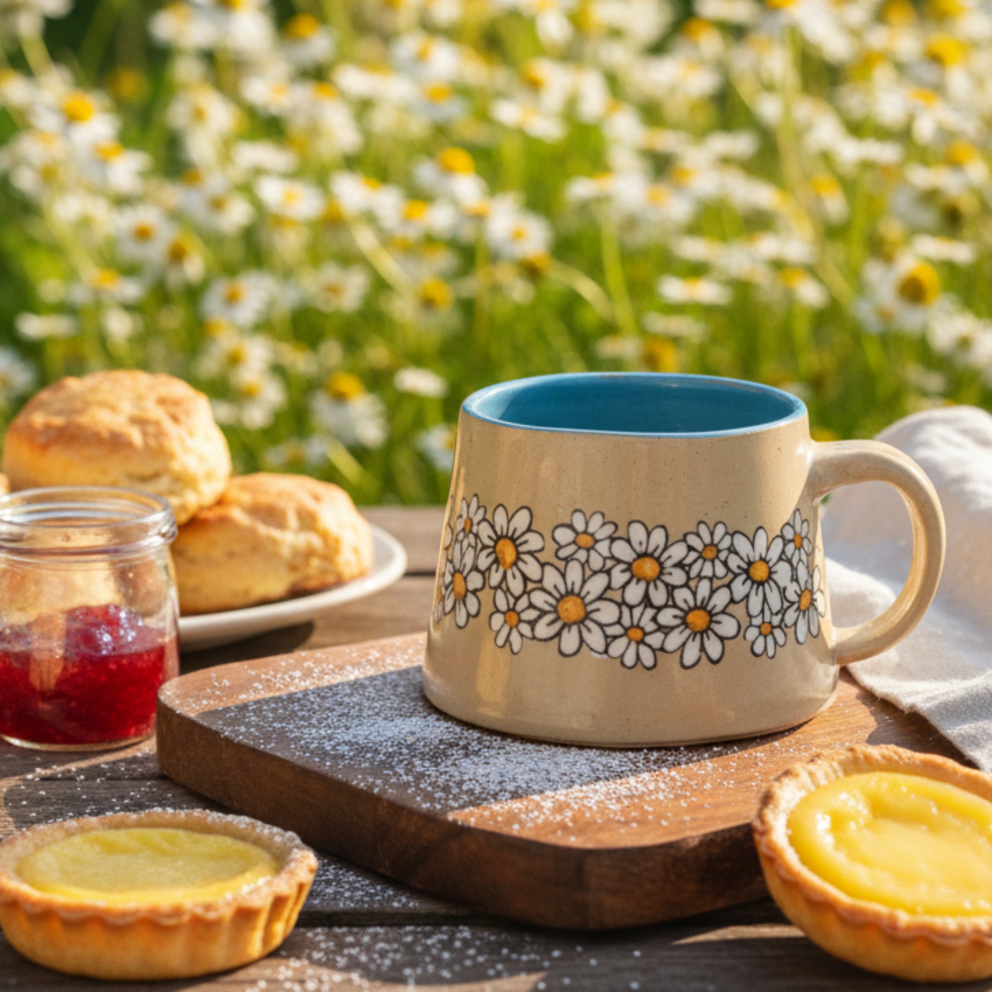 Ceramic mug with floral design on a wooden surface
