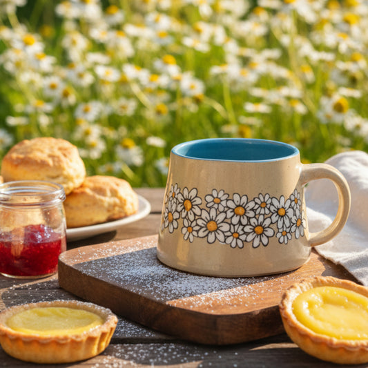 Ceramic mug with floral design on a wooden surface