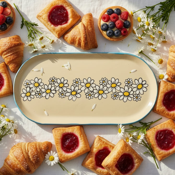 An oval ceramic serving platter with a beige background, decorated with a row of white daisy flowers with yellow centers and a blue rim.