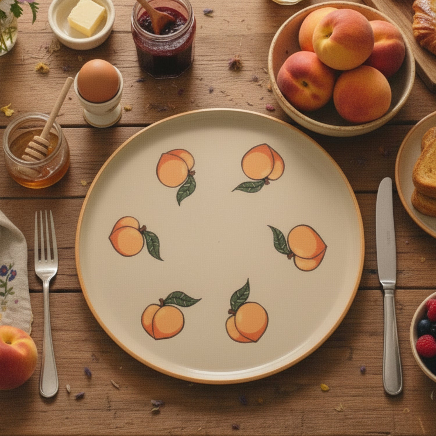 A round ceramic plate with a peach pattern, shown on a blue and white checkered tablecloth with cutlery.