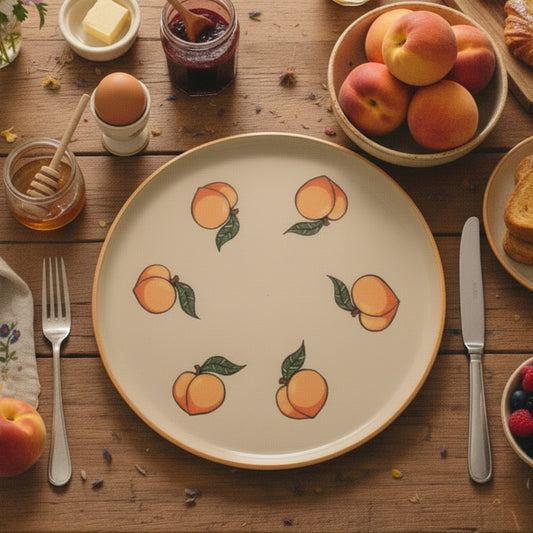 A round ceramic plate with a peach pattern, shown on a blue and white checkered tablecloth with cutlery.