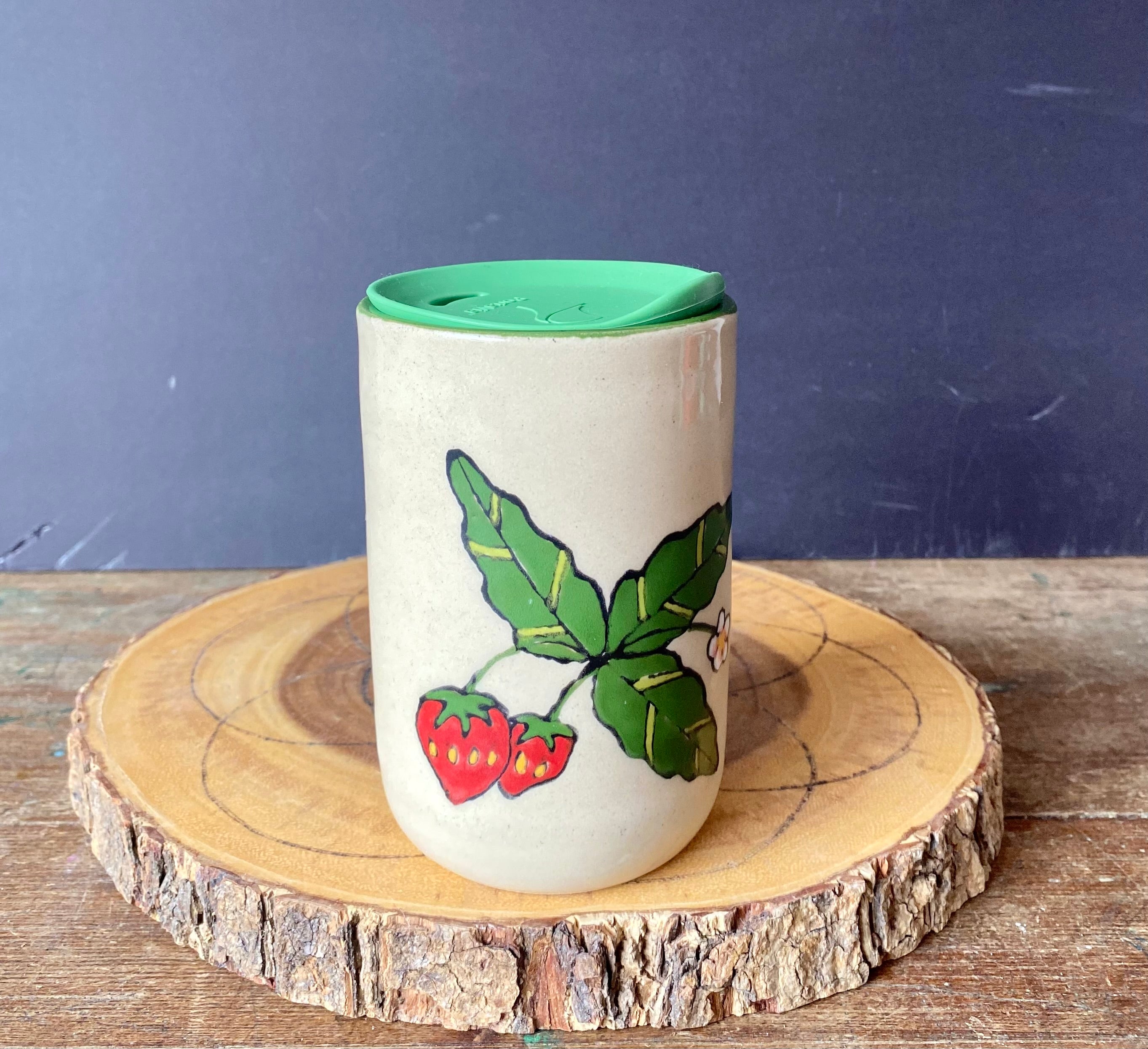 Strawberry Ceramic Travel Mug Wheel Thrown and Hand Painted