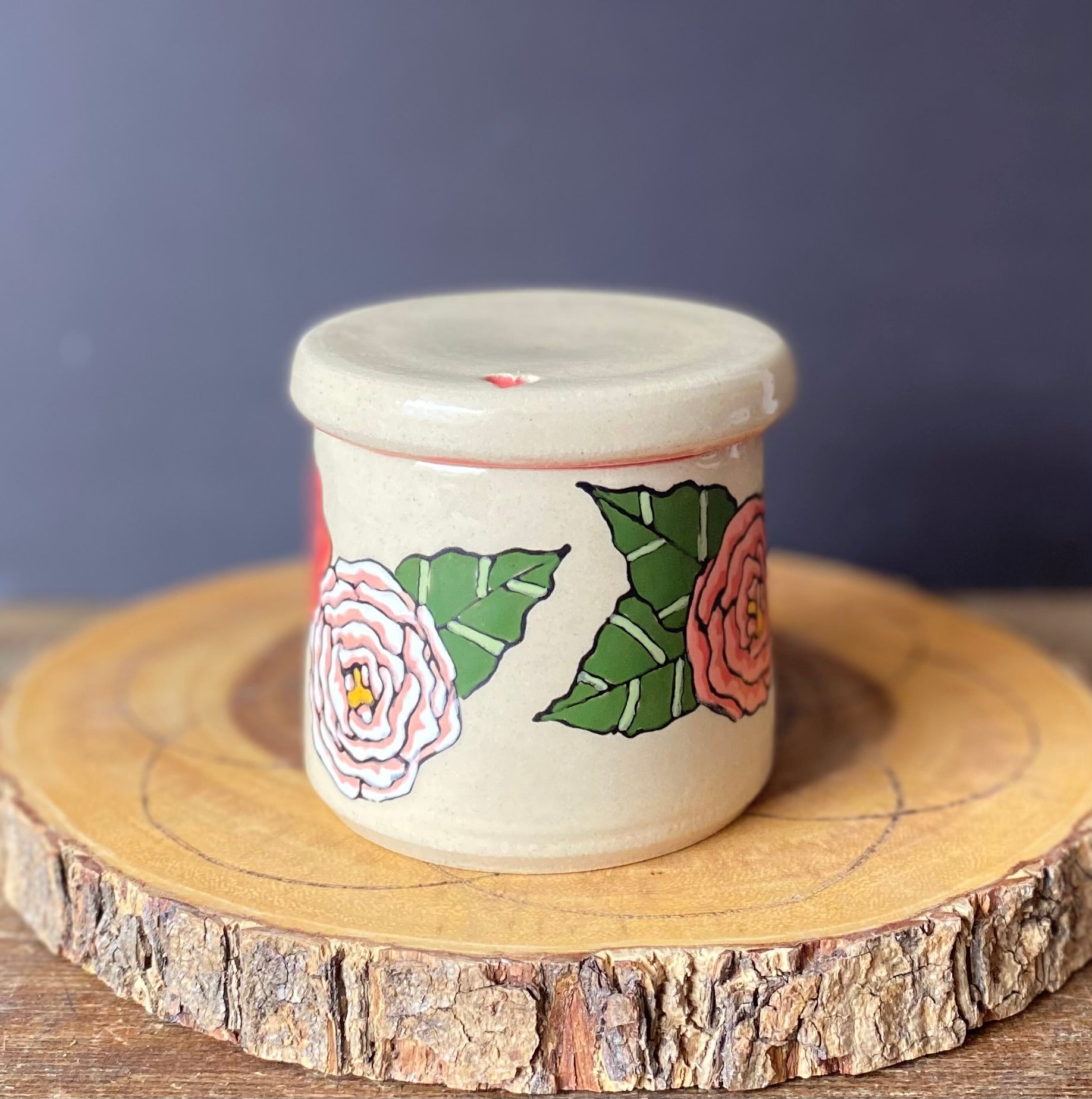 Peony Ceramic French Butter Bell Wheel thrown and Hand Painted