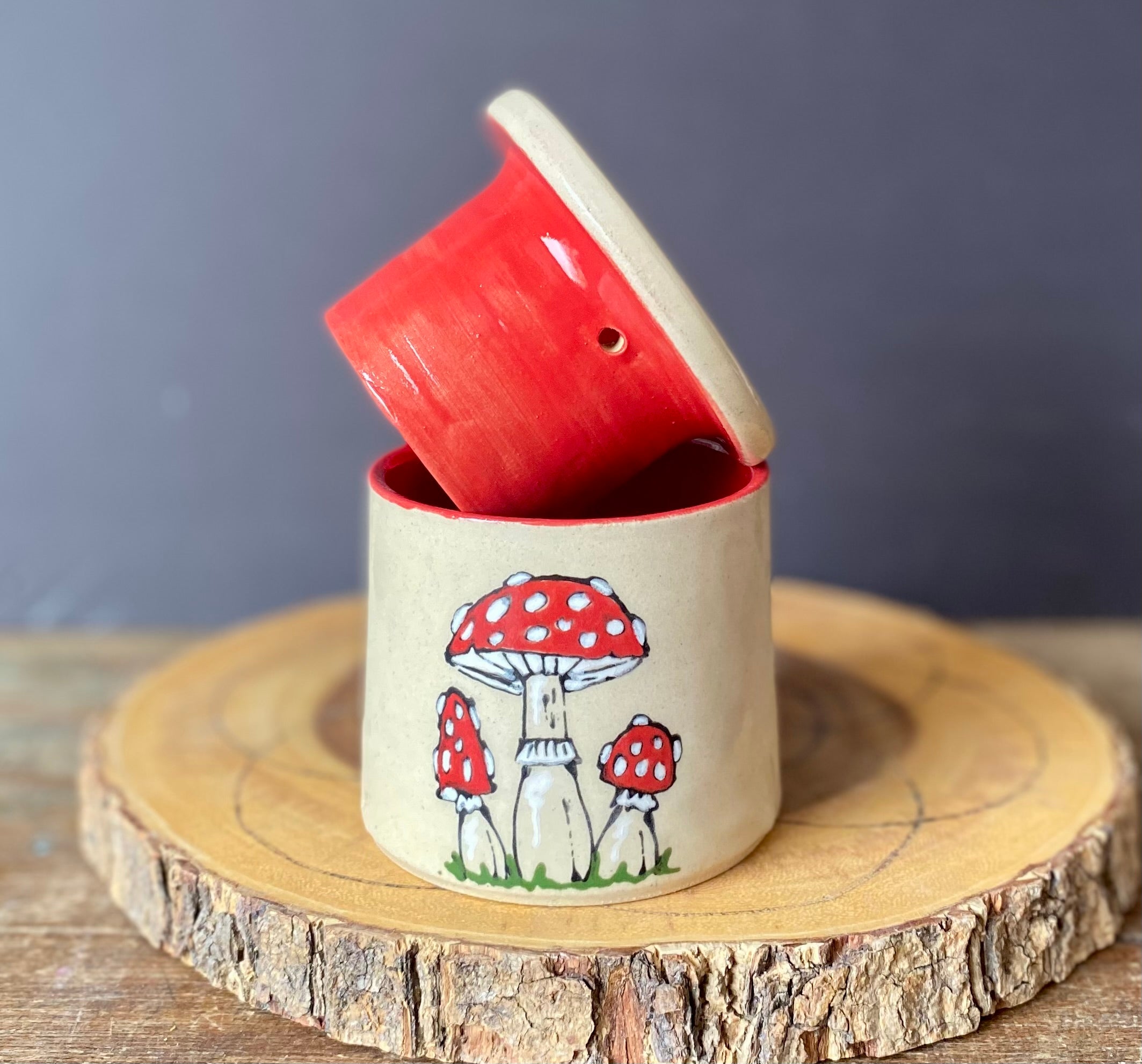 Toadstool Ceramic French Butter Dish Wheel thrown and Hand Painted