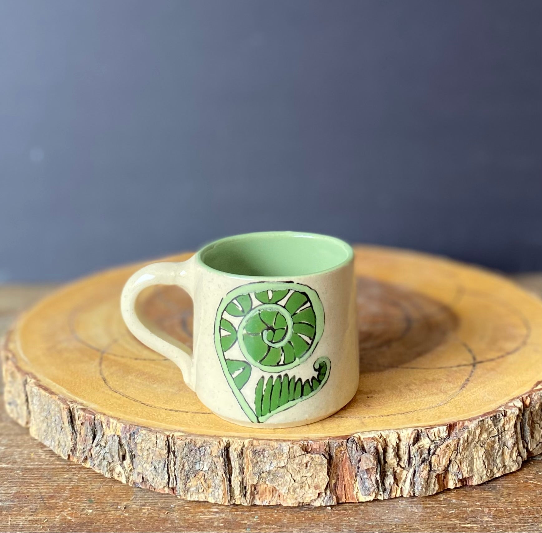 Fiddlehead Fern Ceramic Espresso Mug Wheel thrown and Hand Painted