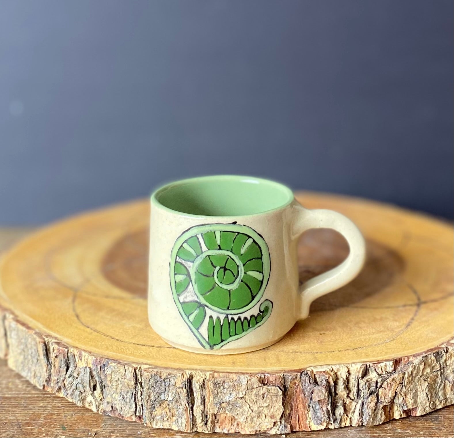 Fiddlehead Fern Ceramic Espresso Mug Wheel thrown and Hand Painted