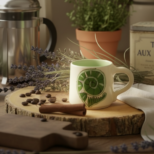 Mug with green design on a wooden surface with coffee beans, lavender, and a plant in the background.