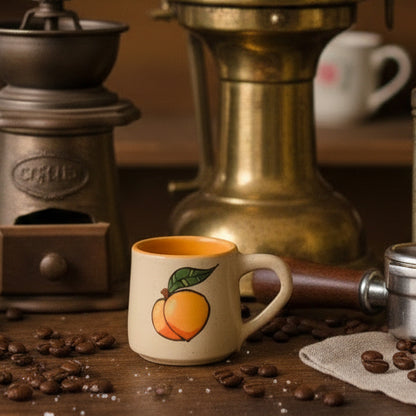 Mug with peach design on a wooden table with coffee beans, a donut, and an open book.