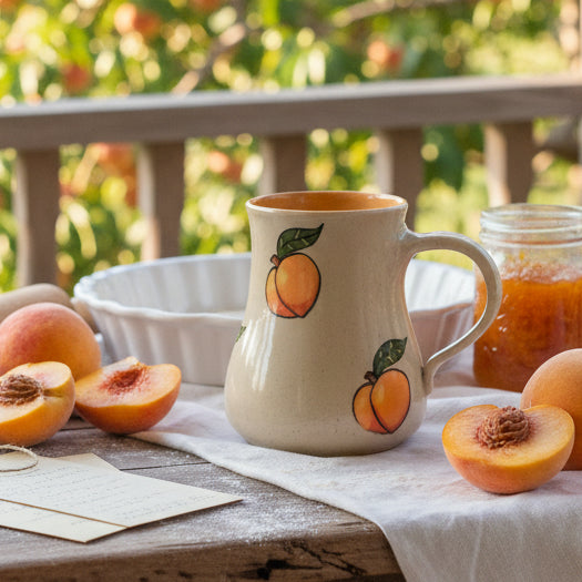 Beige mug with peach designs on a wooden surface