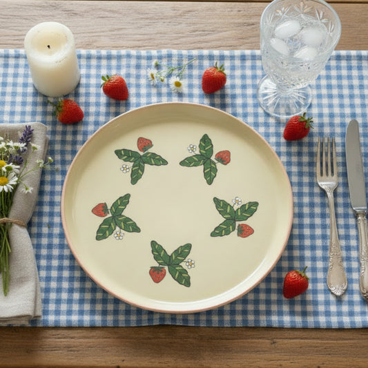 A round ceramic plate with a pale cream center, decorated with, red strawberries,  leaves, and small white flowers, finished with a pink rim.