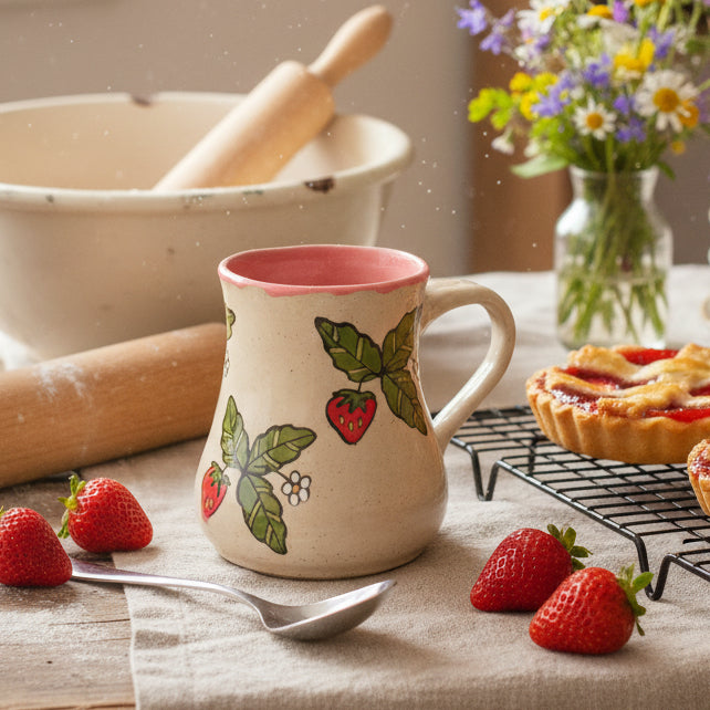 Ceramic mug with strawberry design on a table with strawberries and a pie