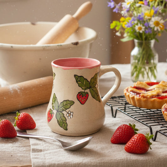 Ceramic mug with strawberry design on a table with strawberries and a pie