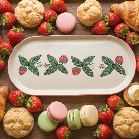 An oval ceramic serving tray with a beige center, decorated with a row of green leaves, red strawberries, and small white flowers, finished with a pinkish-orange rim.