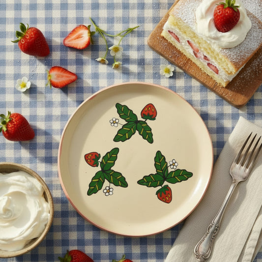 A round beige ceramic plate with a pink rim, decorated with three green leafy motifs, small white flowers, and red strawberries, displayed on a draped white fabric background.