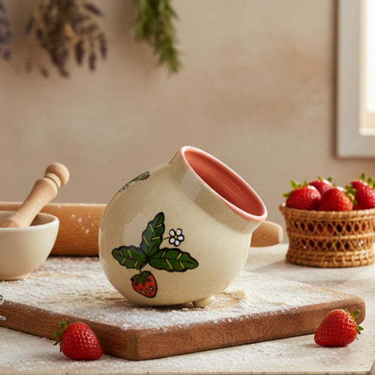 A handmade ceramic salt cellar with a speckled cream exterior, decorated with a green strawberry and white flower motif, featuring a pink interior and rim.