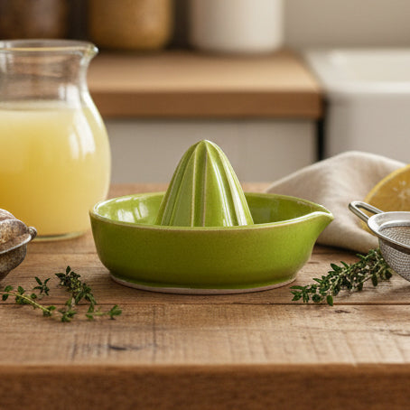 candy coloured citrus juicer made by hand on the pottery wheel. ceramic art for your kitchen decor. Lime green in colour